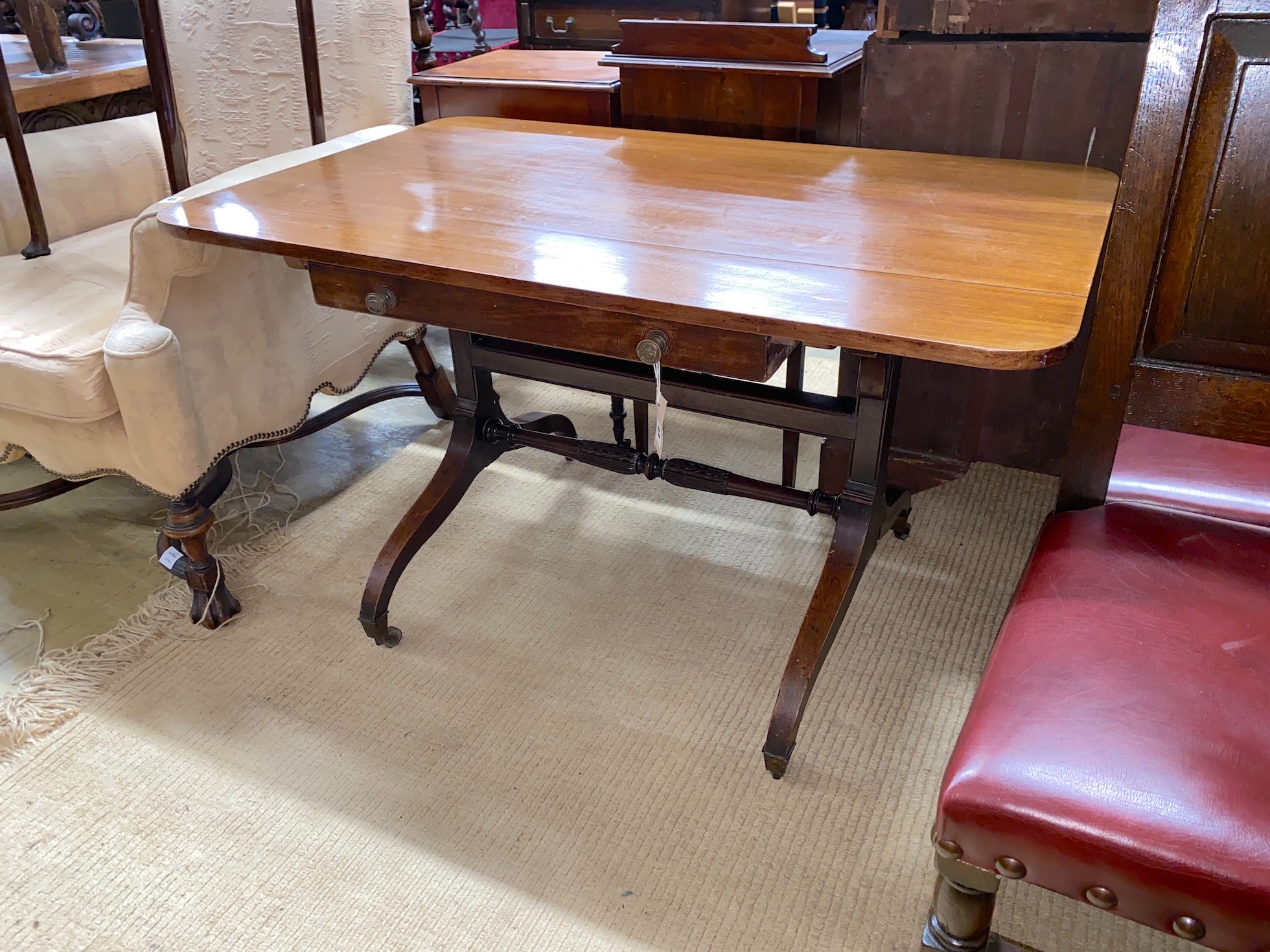 A Regency and later rectangular mahogany side table, width 111cm, depth 69cm, height 68cm